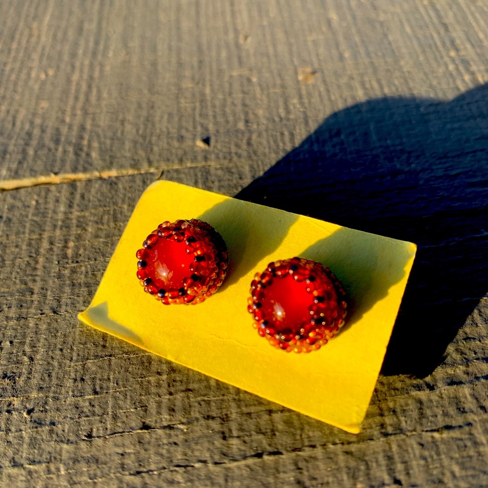 Red glass and bead post earrings.